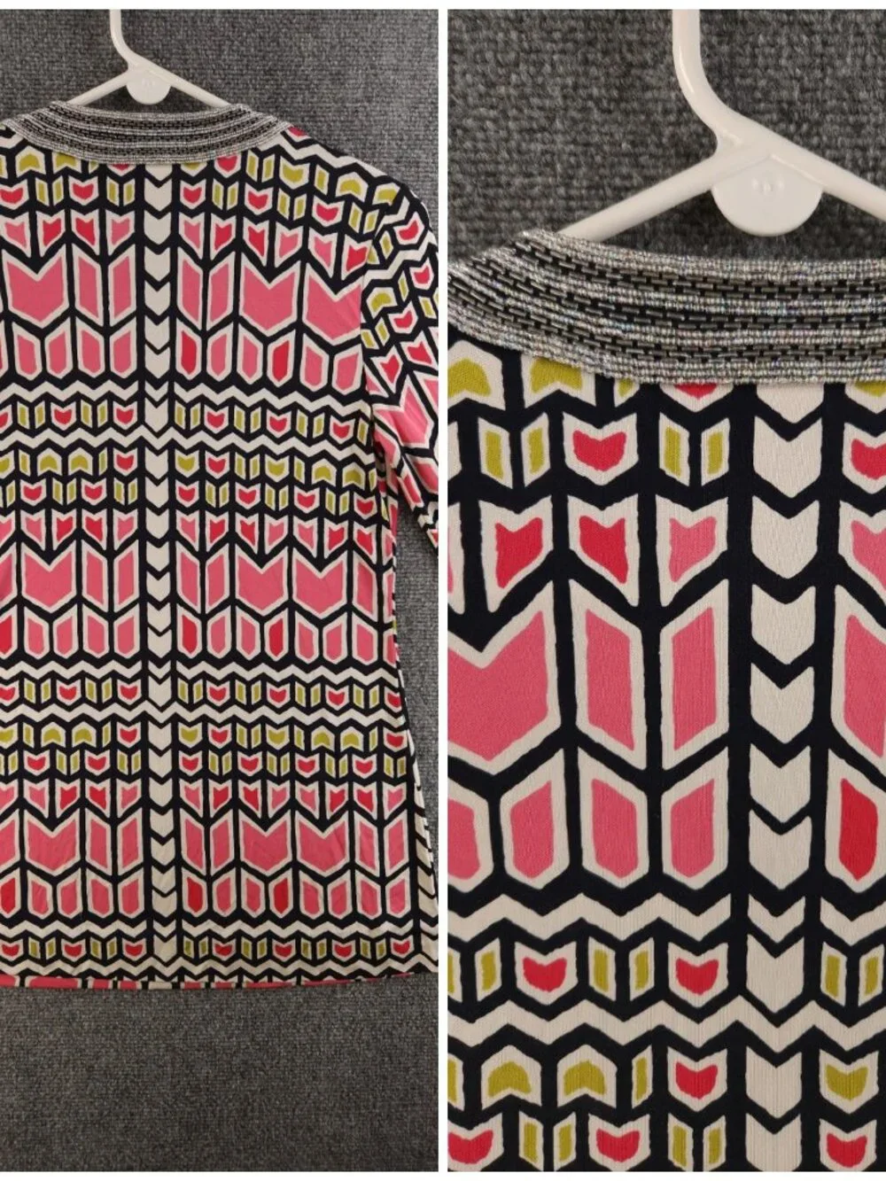 TORY BURCH Women All Silk Geometric Beaded Pullover V Neck Small Shirt Top